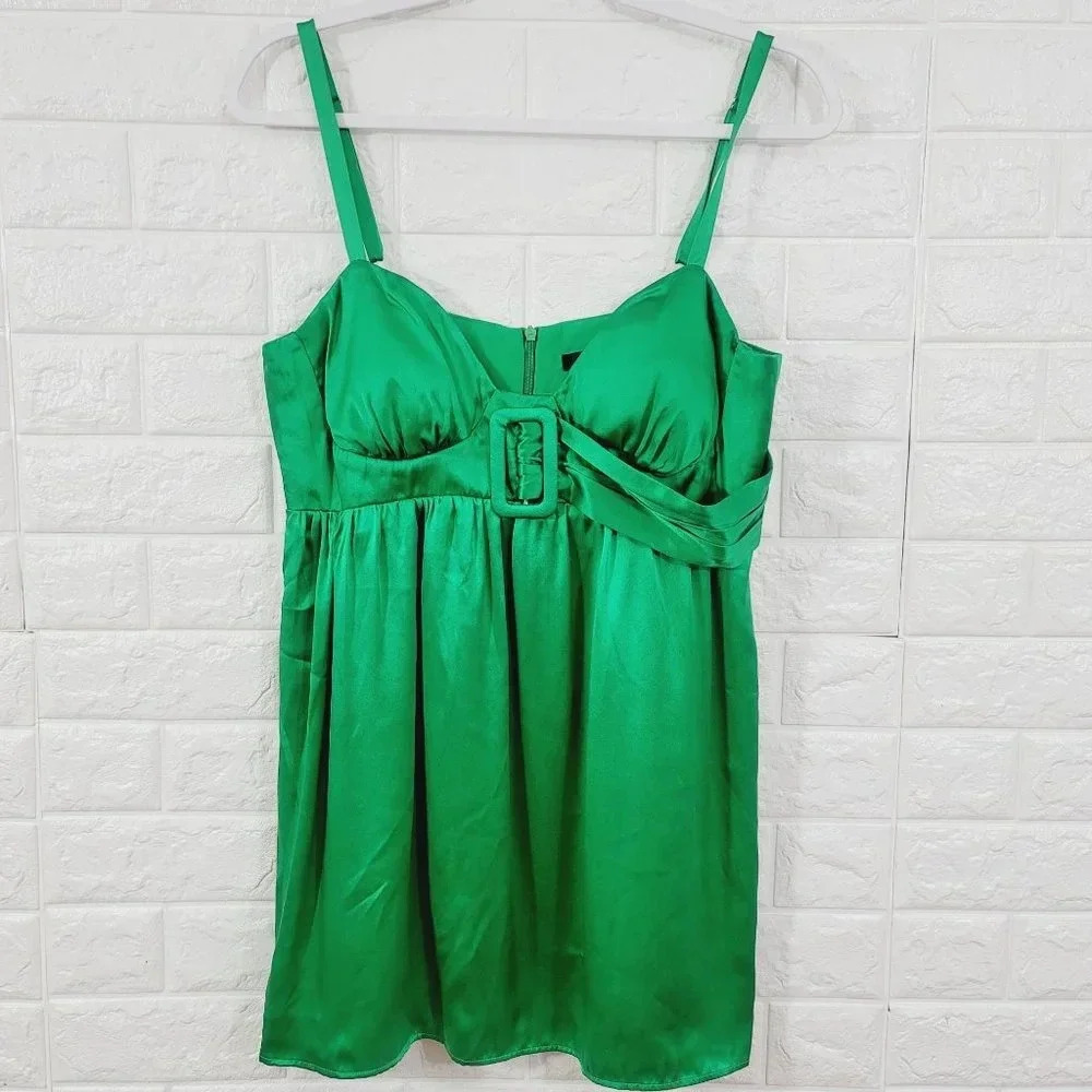 Single Dress Women's Padded Bust Silk Dress Spaghetti Strap Green Size M
